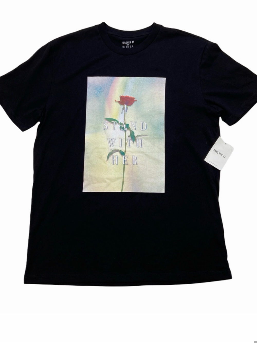 Forever 21 Black Tee with Red Rose Graphic and 'Stand With Her' Print